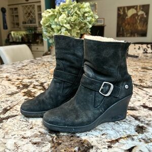 UGG Black Suede wedge shearling lined Heeled Boots